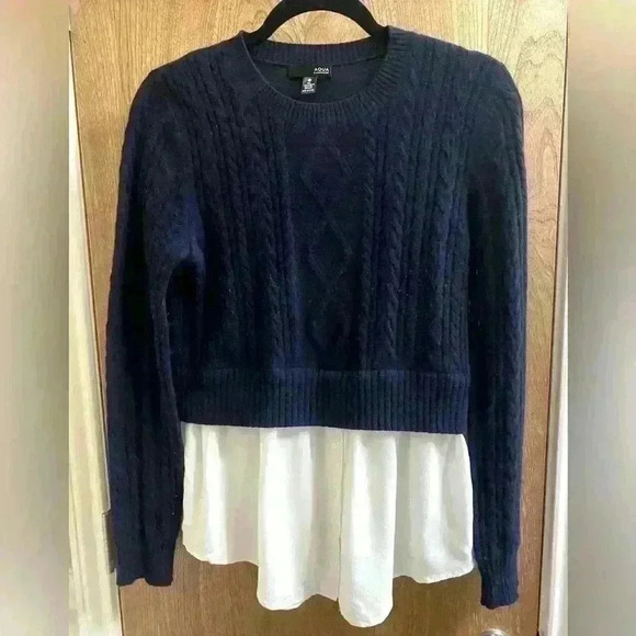 AQUA Cashmere Navy Knit Sweater with White Built-in Button Undershirt Size S - Picture 1 of 8
